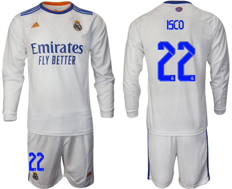 Men 2021-2022 Club Real Madrid home white Long Sleeve #22 Soccer Jersey->real madrid jersey->Soccer Club Jersey
